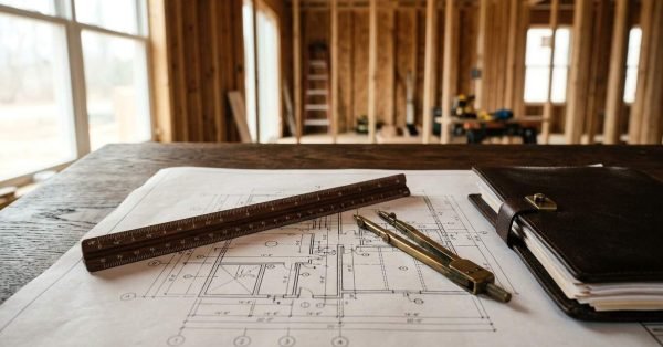 Architectural floor plan blueprint on a wooden desk with a triangular scale ruler, brass drafting compass, and leather notebook inside a framed timber house under construction