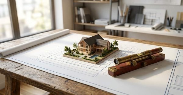 Detailed architectural scale model of a modern wooden house with pool landscaping resting on a large blueprint alongside a vintage brass surveying level on a rustic workbench