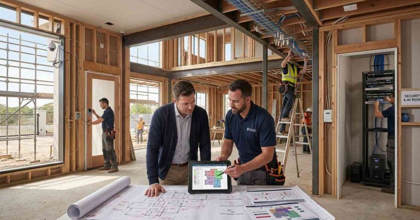Male homeowner and male smart security consultant reviewing whole-home security plans while cameras, access control systems, alarm sensors, and surveillance infrastructure are installed during luxury home construction.