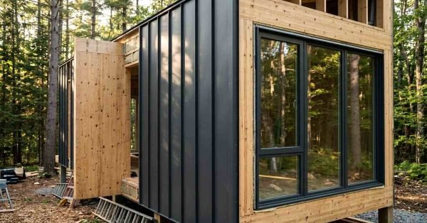 Modern prefabricated timber cabin under construction in a pine forest, featuring black standing-seam metal cladding, large double-glazed windows, and exposed engineered wood framing